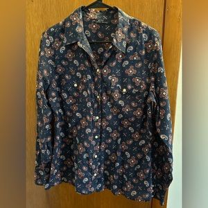 Lucky Brand pearl snap blue, white, and light pink paisley long sleeve shirt.